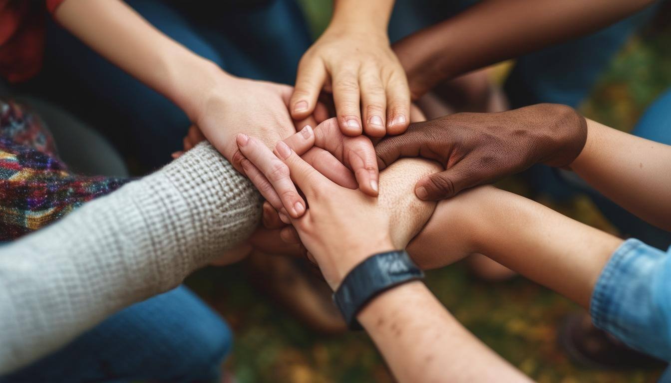An image of individuals coming together in a supportive community to process trauma and emotions, offering each other compassion and understanding